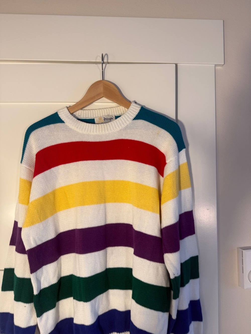 Pringle White Crewneck Sweater with Red, Yellow, Purple & Green Stripes - Picture 2 of 3